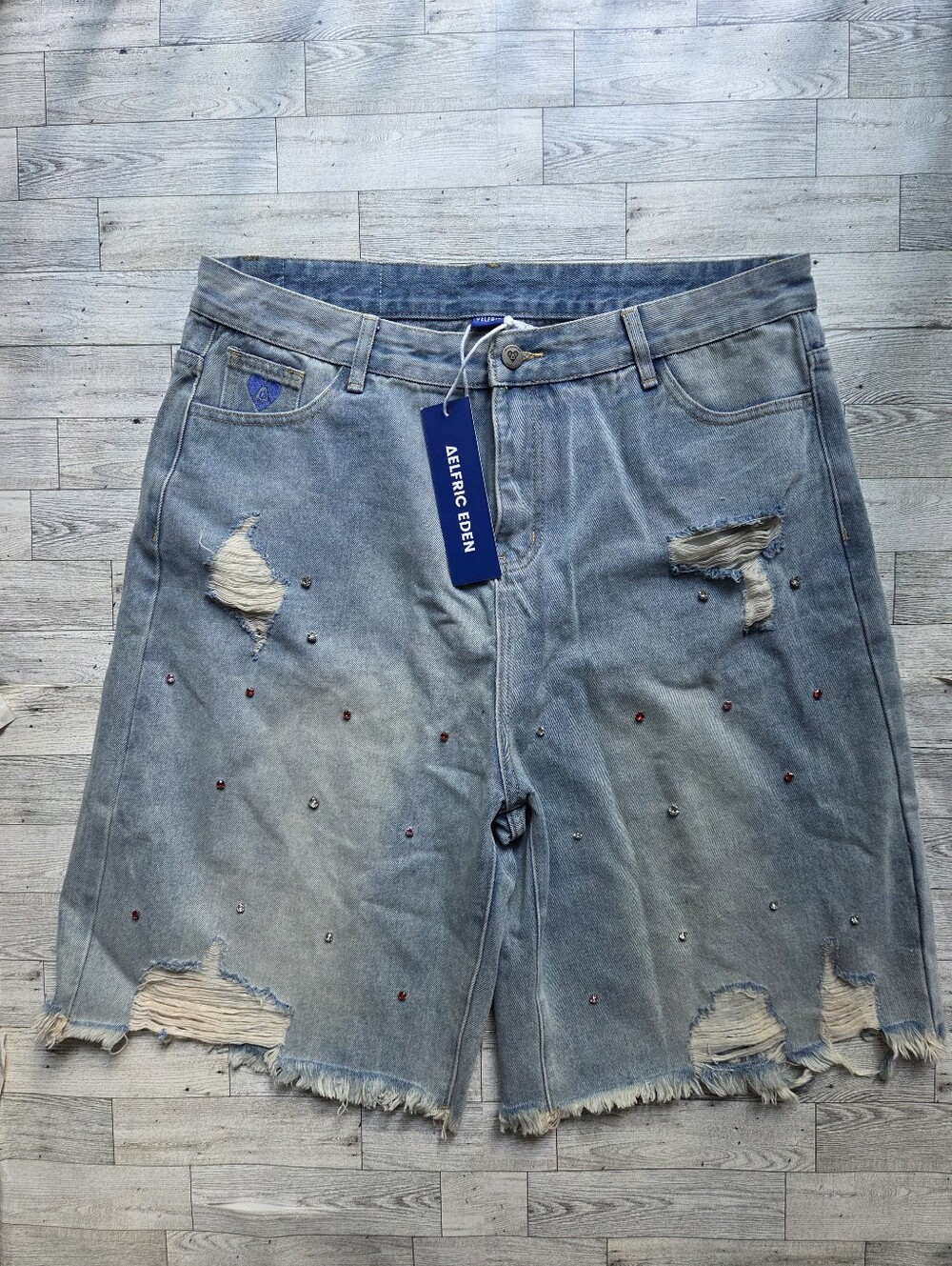 Aelfric Eden Rhinestone Denim Jorts Shorts Size 36 Unisex Y2K Skater